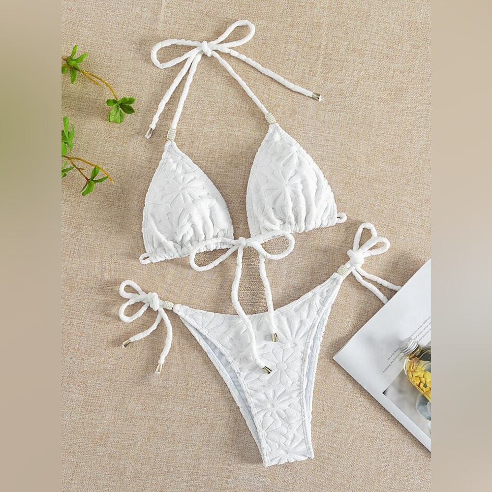 Textured Bling Bikini Set Halter Triangle Bra & Tie Side Bottom 2 Piece Swimsuit